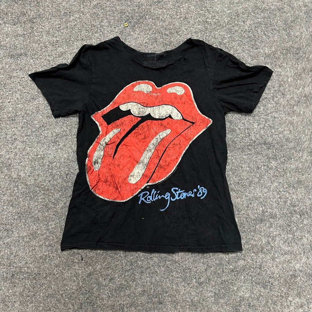 Rolling Stones T-Shirt Womens Size S Black Graphic Rock Band Tee 1989 Tour Logo